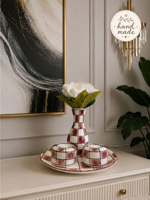 Feray Home Dekoratif Obje - Bordo Damalı El Yapımı Tabak Seti