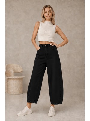 Shevega Siyah Yüksek Bel Kısa Paça Bol Paça Baggy Jean Kot Pantolon