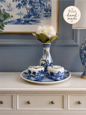 Feray Home Dekoratif Salon Tabak Seti Manzara Desenli Lacivert
