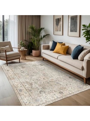 Kazan Hobi Monty Vintage Desenli Şönil Pamuk Tabanlı Yıkanabilir Kaymaz Antibakteriyel Salon Halısı 200X300