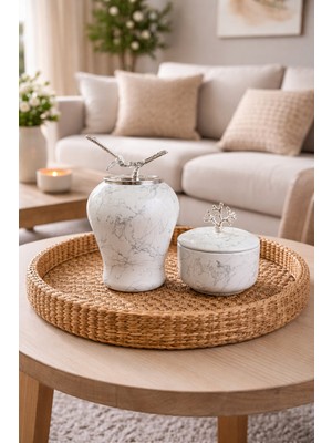 Feray Home Dekoratif - Beyaz Mermer Şah Küp Obje Gümüş