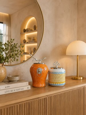 Feray Home Dekoratif - Soft Sarı Mermer Şah Oval Yonca Gümüş