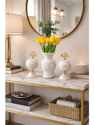 Feray Home Salon Seti - Beyaz 2'li Küre Beyaz Mermer Vazo Gold