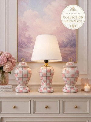 Feray Home Dekoratif Salon Seti - El Yapımı Pembe Damalı Gold