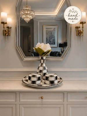 Feray Home Ev Dekorasyonu - Siyah Damalı El Yapımı Salon Tabak Seti