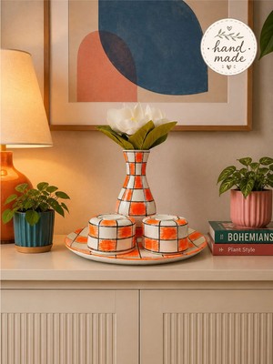 Feray Home Ev Dekorasyonu - Turuncu Damalı El Yapımı Salon Tabak Seti