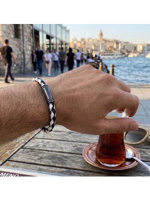 Kazan Hobi Siyah-Beyaz Örgü Hakiki Deri Taraftar Bilekliği BT643