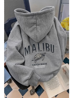Oksit Malibu Kaplumbağa Unisex Sırt Baskılı Oversize Kapüşonlu Sweatshirt Kanguru Cepli Iki Iplik Şardonlu Hoodie