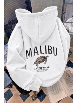 Oksit Malibu Kaplumbağa Unisex Sırt Baskılı Oversize Kapüşonlu Sweatshirt Kanguru Cepli Iki Iplik Şardonlu Hoodie