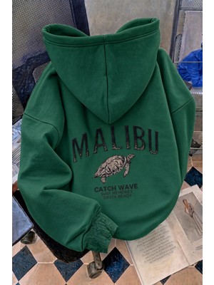 Oksit Malibu Kaplumbağa Unisex Sırt Baskılı Oversize Kapüşonlu Sweatshirt Kanguru Cepli Iki Iplik Şardonlu Hoodie