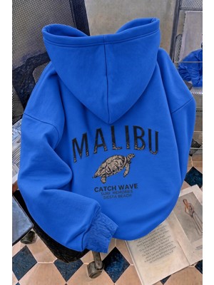 Oksit Malibu Kaplumbağa Unisex Sırt Baskılı Oversize Kapüşonlu Sweatshirt Kanguru Cepli Iki Iplik Şardonlu Hoodie
