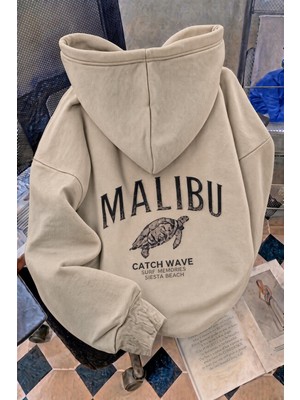 Oksit Malibu Kaplumbağa Unisex Sırt Baskılı Oversize Kapüşonlu Sweatshirt Kanguru Cepli Iki Iplik Şardonlu Hoodie