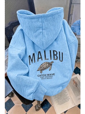 Oksit Malibu Kaplumbağa Unisex Sırt Baskılı Oversize Kapüşonlu Sweatshirt Kanguru Cepli Iki Iplik Şardonlu Hoodie