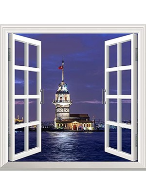 Kazan Hobi Kız Kulesi Gece Temalı Pencere Poster Duvar Kağıdı Yapışkanlı Sticker