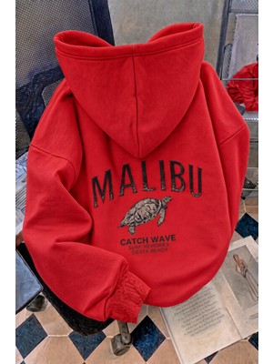 Oksit Malibu Kaplumbağa Unisex Sırt Baskılı Oversize Kapüşonlu Sweatshirt Kanguru Cepli Iki Iplik Şardonlu Hoodie