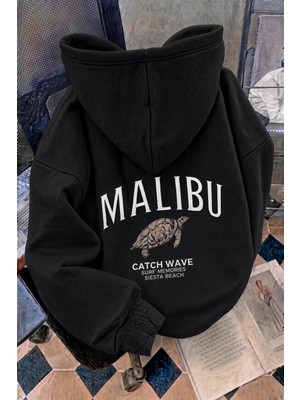 Oksit Malibu Kaplumbağa Unisex Sırt Baskılı Oversize Kapüşonlu Sweatshirt Kanguru Cepli Iki Iplik Şardonlu Hoodie