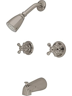 Kazan Hobi KB248AX Çift Saplı Küvet ve Duş Bataryası, Dekorlu Çapraz Kulp, Saten Nikel, 12,5 cm Musluk Erişimi