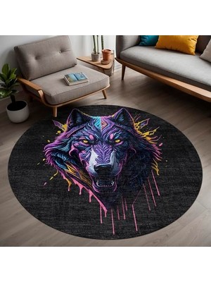 Kazan Hobi Wolf Gamer Şönil Pamuk Tabanlı Kaymaz Yıkanabilir Yuvarlak Gaming Oyuncu Odası Halısı 120X120