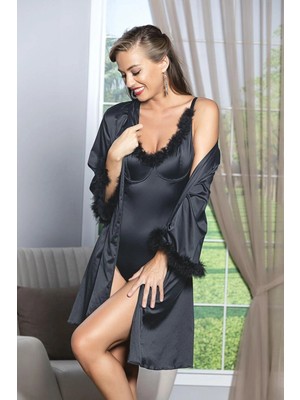 Pileli Store Kuşaklı Mini Boy Saten Sabahlık Siyah