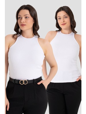 Arma Yıldız Kadın Pamuklu Fitilli Görünümlü Halter Yaka Basic Beyaz Atlet 2'li Paket