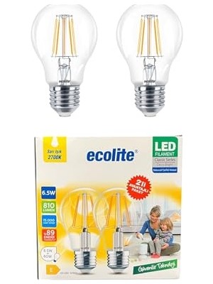 Kazan Hobi 6,5W LED Filament Ampul E27 | 60W Eşdeğer | 2700K Sarı Işık | 810 Lümen | 2'li Paket | Enerji Sınıfı E
