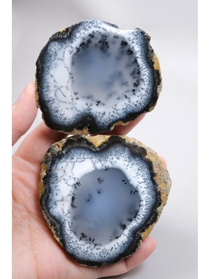 Healcrystal Ice Blue Merlinite Çifti – Beyaz ve Dumansı Dendritik Opal Dilimleri, Ince Siyah Fraktallarla, 243G
