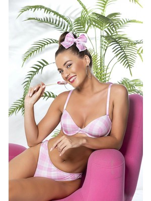 Pileli Store Ekose Desenli, Hafif Destekli, Sütyen ve Slip Külot Takım Pembe