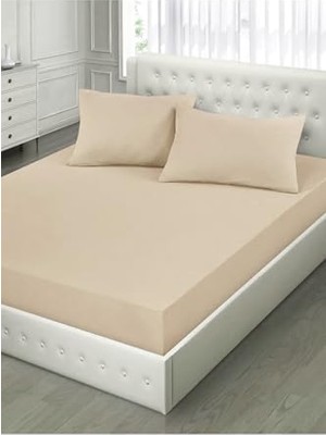 Kazan Hobi Çift Kişilik Bej Lastikli Kumaş Çarşaf ve 2 Yastık Kılıfı Seti 150X200, Ciftcarsafseti
