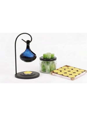 Kazan Hobi Mavi-Siyah Seramik Buhurdanlık Seti, 16'lı Tealight Mum ve Aroma Wax