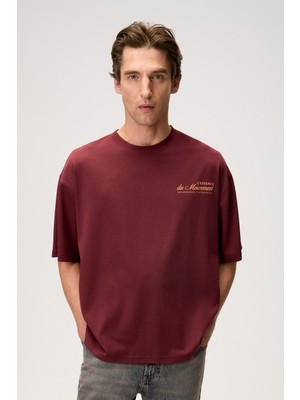 Grimelange Kyren Erkek Organik Pamuklu Önü ve Arkası Baskılı Yuvarlak Yaka Bordo T-Shirt