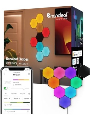 Kazan Hobi Shapes Ultra Black Altıgen Başlangıç Kiti, 9 Akıllı Rgbw LED Paneli – 16 Milyon Renk, Modüler Wi-Fi Iç Mekan Duvar Aydınlatması; Alexa, Google ve Apple ile Uyumlu
