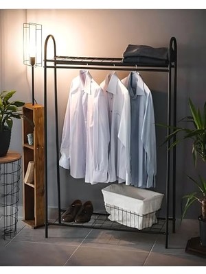 Kazan Hobi Siyah Metal Elbise Askılığı, 2 Raflı Portmanto ve Konfeksiyon Standı