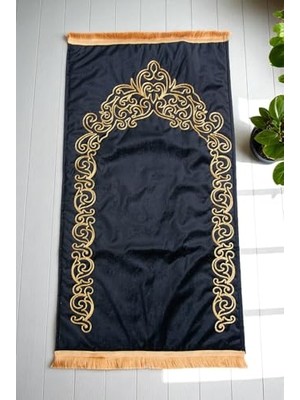 Kazan Hobi Gold Sırma Işlemeli Kadife Seccade Hediyelik Çeyizlik Namazlık Siyah