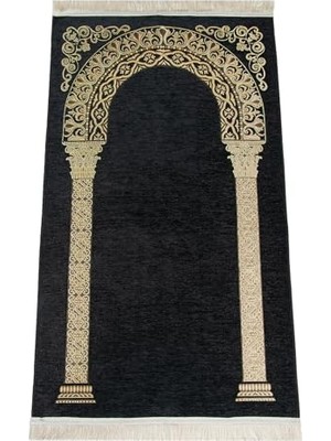 Kazan Hobi Lüks Mihrap Desenli Şönil Dokuma Seccade Siyah