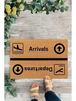 Kazan Hobi Paspas, Karmat Arrivals, Departures, Uçak, Iç ve Dış Kapı Önü Paspası, Dijital Baskı Dekoratif Paspas Bej-45 x 70