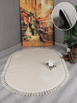 Kazan Hobi Krem Simirna Peluş Yolluk, Örgü Saçaklı Modern Dekoratif Halı 80 x 150