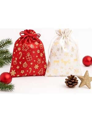 Kazan Hobi 2'li Set 17X23 cm Yılbaşı Hediye Kesesi, Kırmızı & Beyaz Altın Yaldızlı Noel Temalı Kumaş Çanta