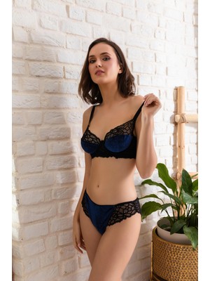 Pileli Store Kadife Sütyen ve Slip Külot Takım Lacivert (MGP32141)