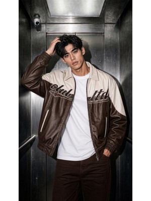 Oksit Club Ltd Nakış Detaylı Vintage Colorblock Gömlek Yaka Deri Bomber Ceket
