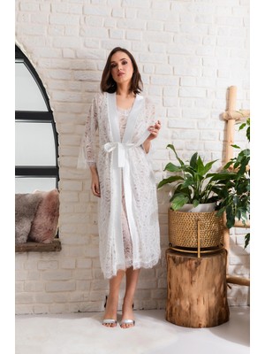 Pileli Store Gelin Set Transparan Midi Boy Kuşaklı Sabahlık Ekru (MGP12176)