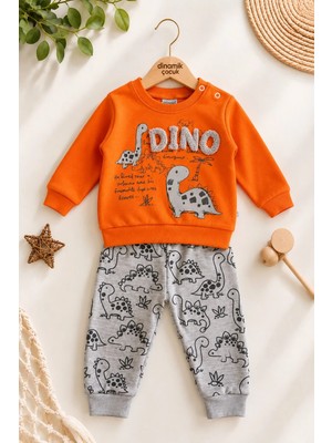 Dinamik çocuk Erkek Bebek Dinozor Desenli 2'li Alt Üst Takım Sweatshirt Eşofman Takımı 3-6-9-12 Aylık