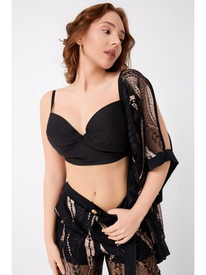 Pileli Store Bralet Sütyen Transparan Gömlek ve Pantolon Takım Siyah (MGP32486)