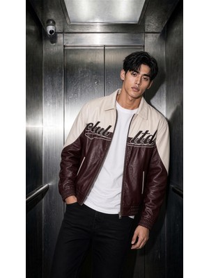 Oksit Club Ltd Nakış Detaylı Vintage Colorblock Gömlek Yaka Deri Bomber Ceket