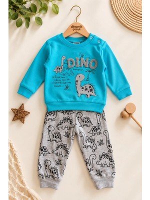 Dinamik çocuk Erkek Bebek Dinozor Desenli 2'li Alt Üst Takım Sweatshirt Eşofman Takımı 3-6-9-12 Aylık