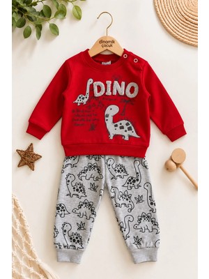 Dinamik çocuk Erkek Bebek Dinozor Desenli 2'li Alt Üst Takım Sweatshirt Eşofman Takımı 3-6-9-12 Aylık