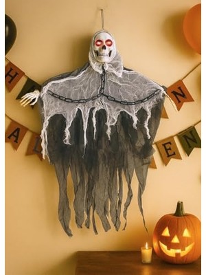 Kazan Hobi Işıklı Kuru Kafa Hayalet, Asılabilir Halloween Parti Dekoru, 90 cm