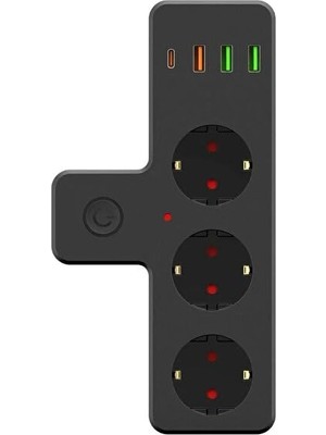 Kazan Hobi Akım Korumalı Priz, 3 Schuko Soket ve 4 USB Bağlantısı, Çocuk ve Termal Koruma, Siyah
