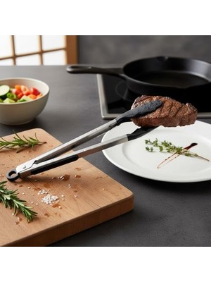 Kazan Hobi 38 cm Paslanmaz Çelik Saplı Siyah Silikon Uçlu Salata ve Izgara Maşası, Isıya Dayanıklı Çizmez Kilitli Mutfak Servis Maşası Pişirme ve Sunum Ekipmanı