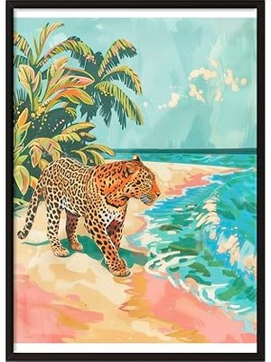 Kazan Hobi Siyah Çerçeveli Tablo, Leopar, Tropik Plaj Arka Planı, Dijital Sanat Poster No: 106553 50 x 70
