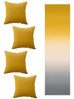 Kazan Hobi Kırlent Kılıfı, Pelangi Sarı Gri Desen Salon Mutfak Masa Değişik Ranır Modelleri Dekoratif 4'lü ve Runner Set, Gri-Sarı 40 x 140